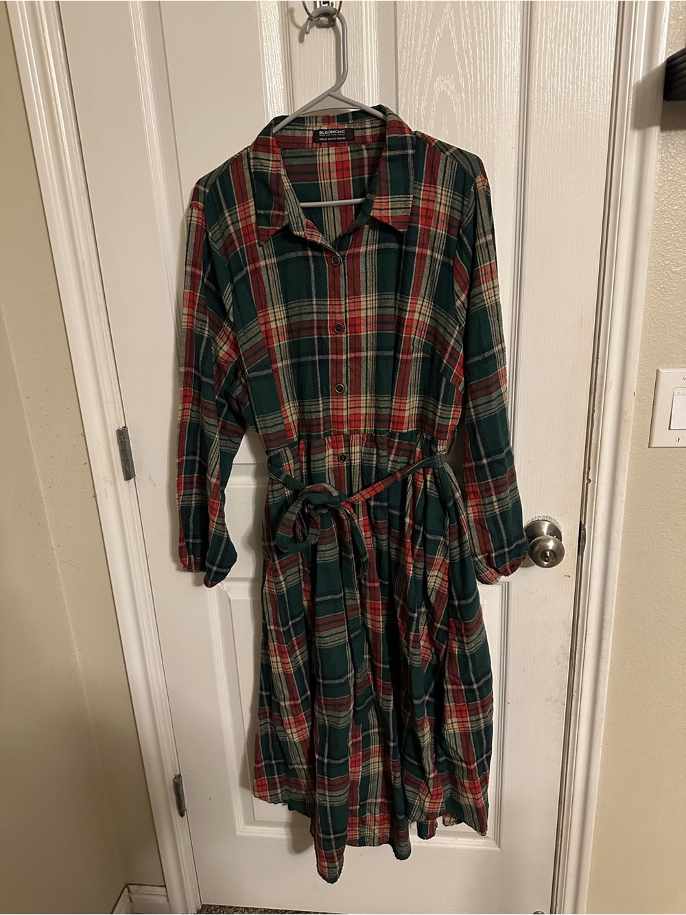 BloomChic Plaid Button-Up Shirt Dress in Green and Red